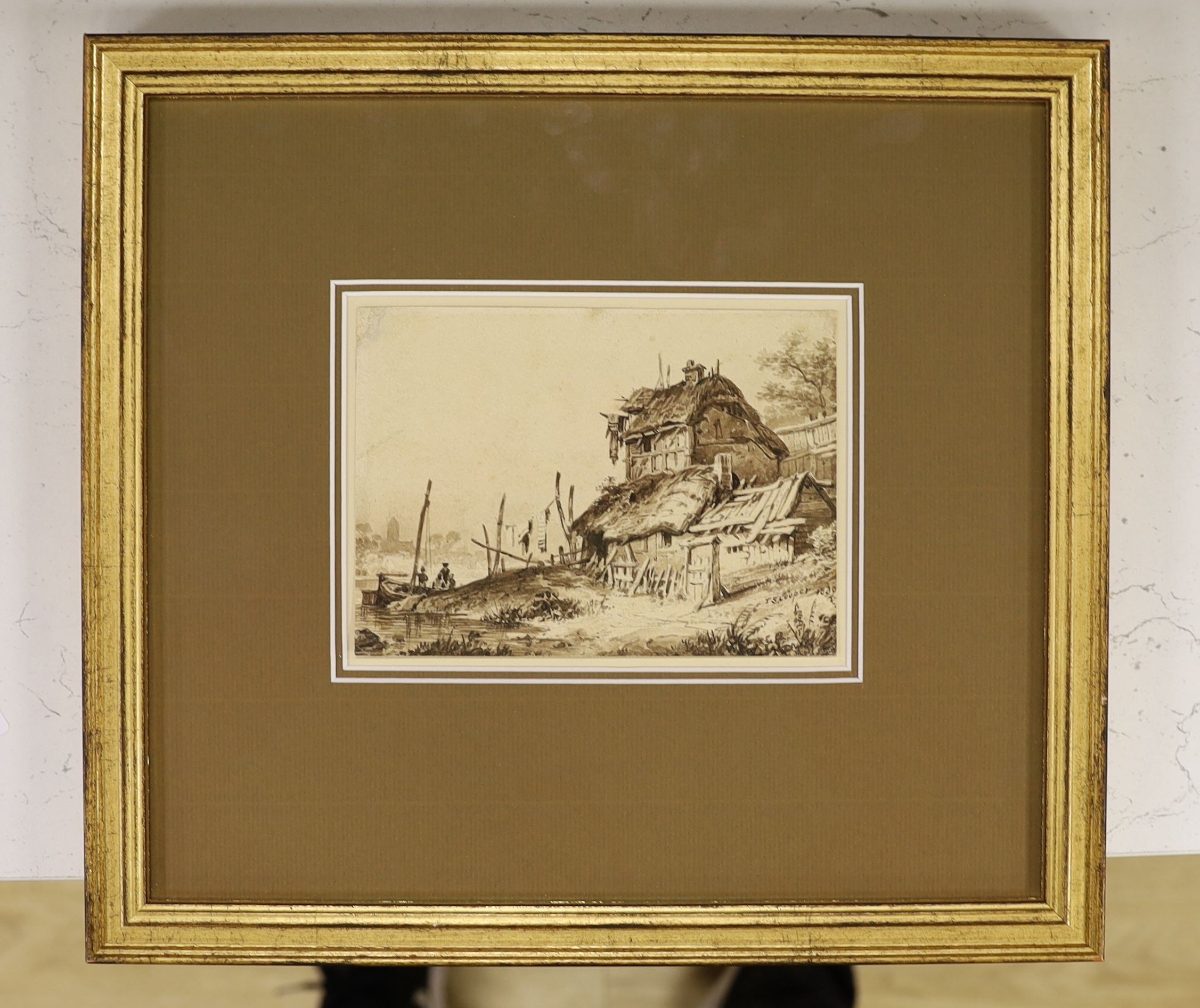 Thomas Sydney Cooper (1803-1902), sepia wash over pencil, 'On the river bank', signed and dated 1830, 11 x 15cm